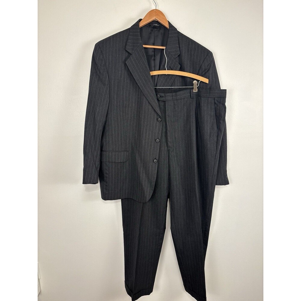 Vintage Oleg Cassini Suit Mens 48 Regular Charcoal Pinstripe 100% Pure Wool 2pc